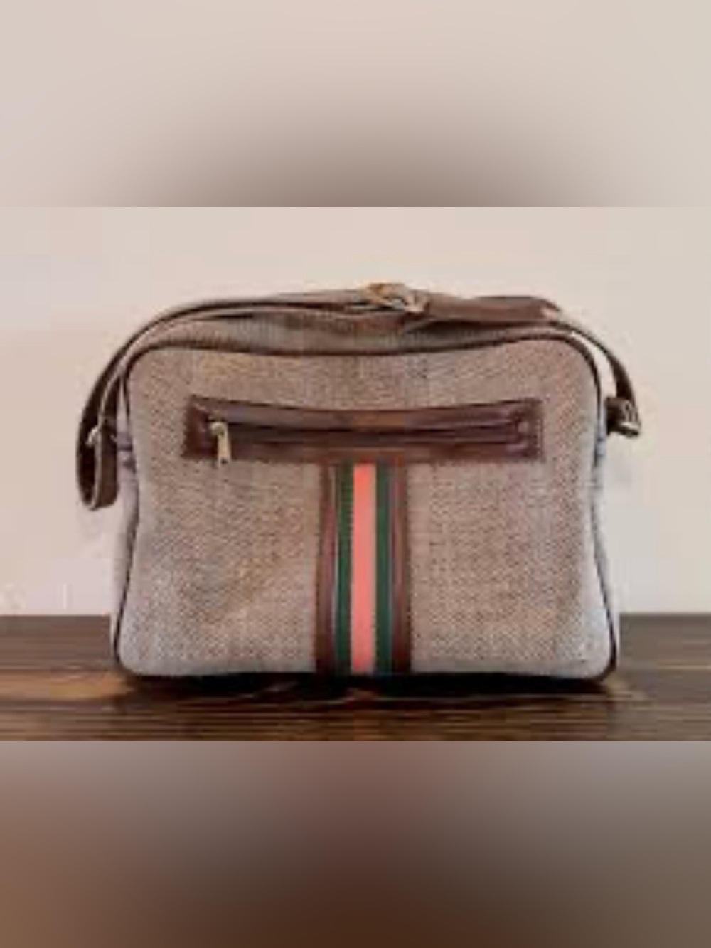 Brown Woven Bag with Stripe Accent
